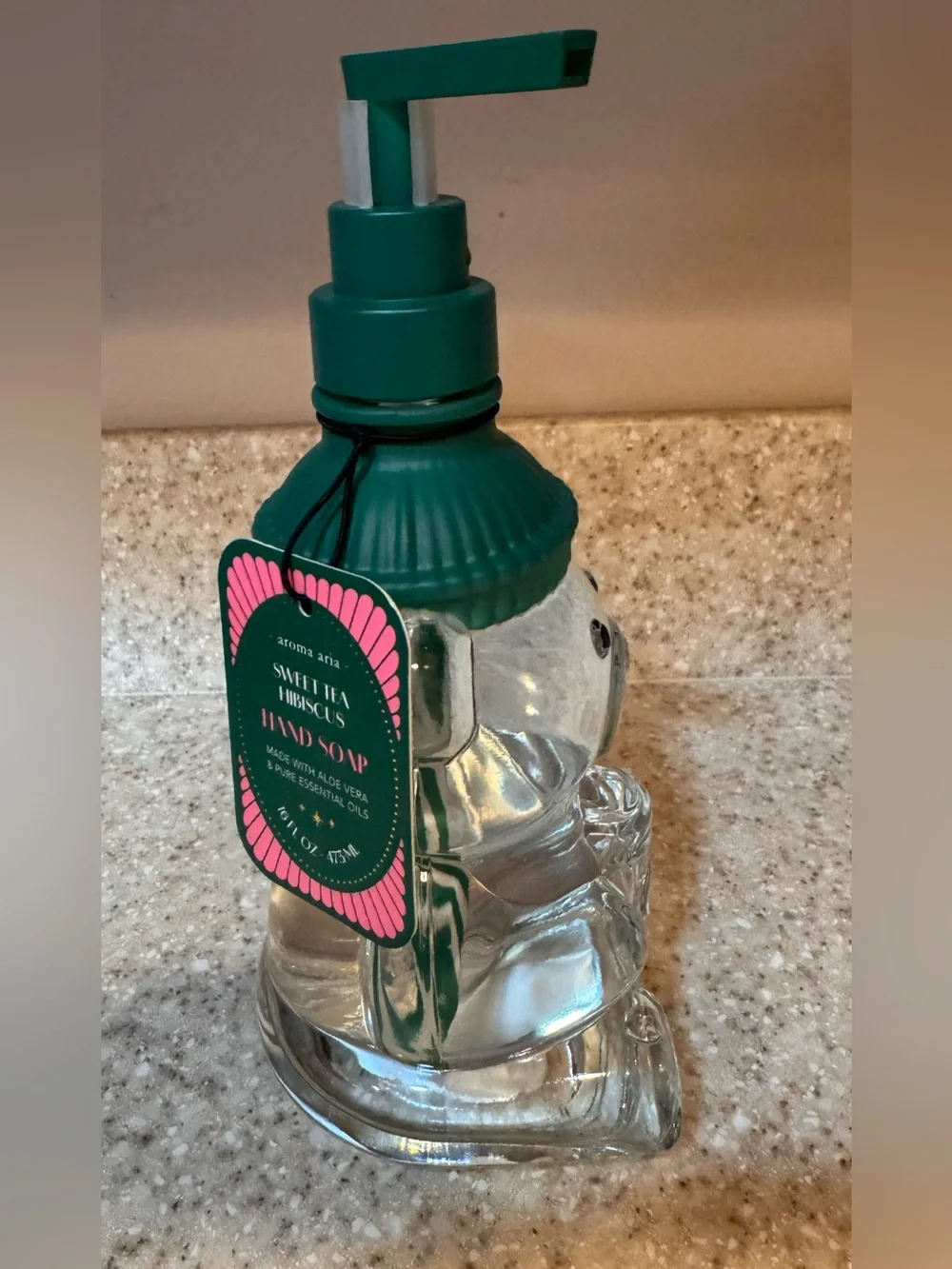 Clear Glass Bear Holding Coffee Soap Dispenser with Pump Resembles Starbucks